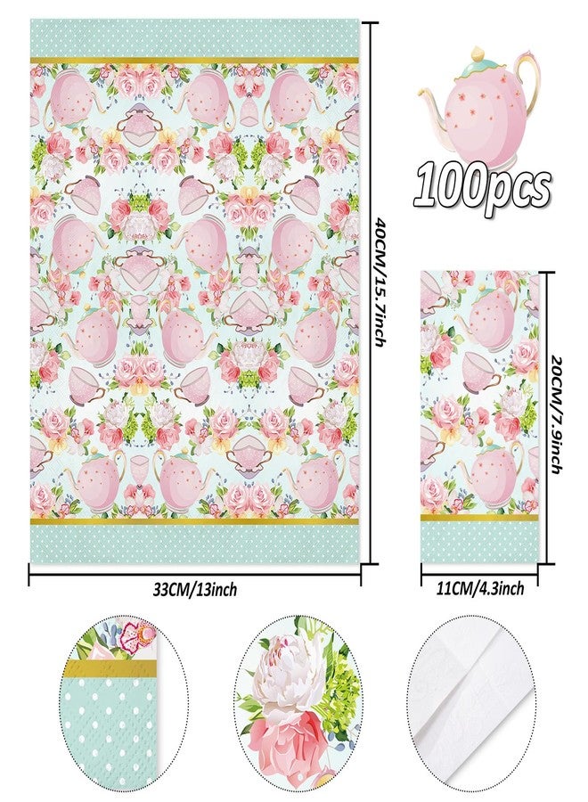 Whaline 100Pcs Floral Tea Party Napkins Teacups Guest Napkins Disposable Disposable Hand Napkin Towel for Spring Mother's Day Tea Part Bathroom Baby Shower Table Decor Supplies - Image 2